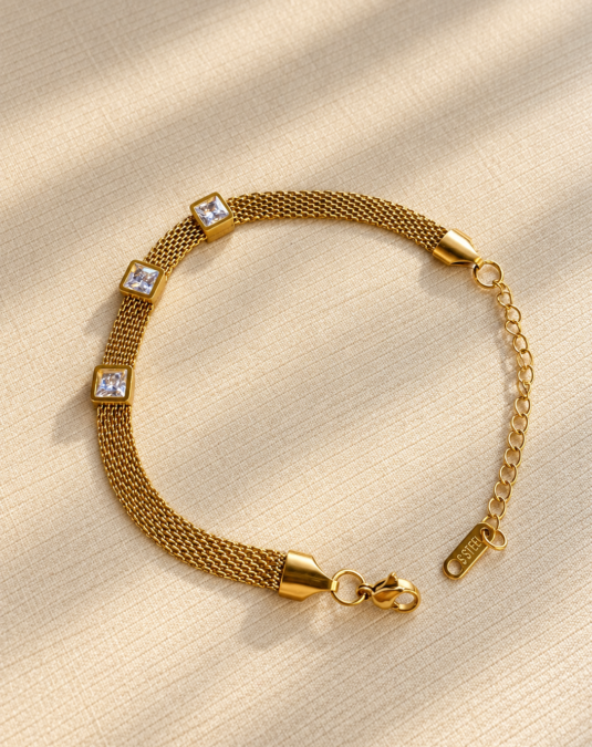 Triple Square Crystal Mesh Bracelet Silver