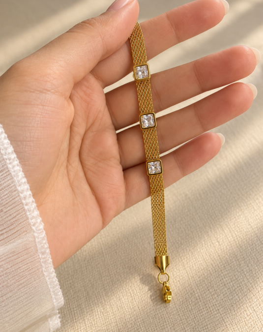 Triple Square Crystal Mesh Bracelet Silver